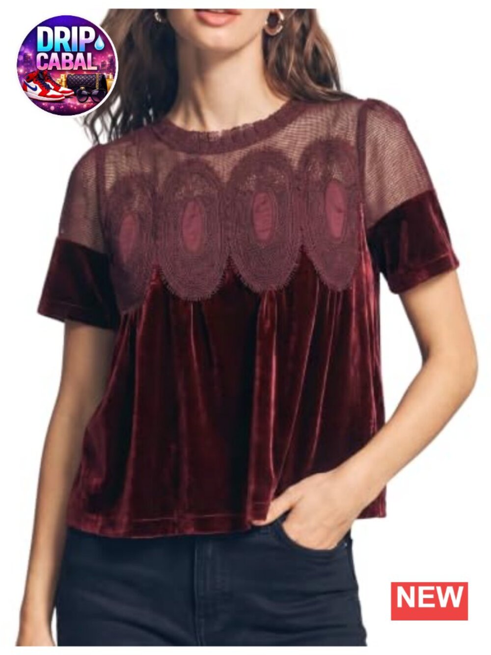 Velvet Lace Short Sleeve Blouse Flowy Lace Detail Top